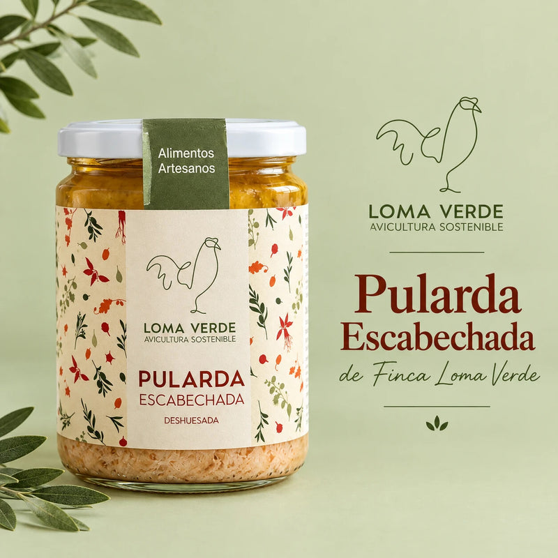 Tarro de pularda escabechada deshuesada de Finca Loma Verde sobre fondo verde con ramas de olivo
