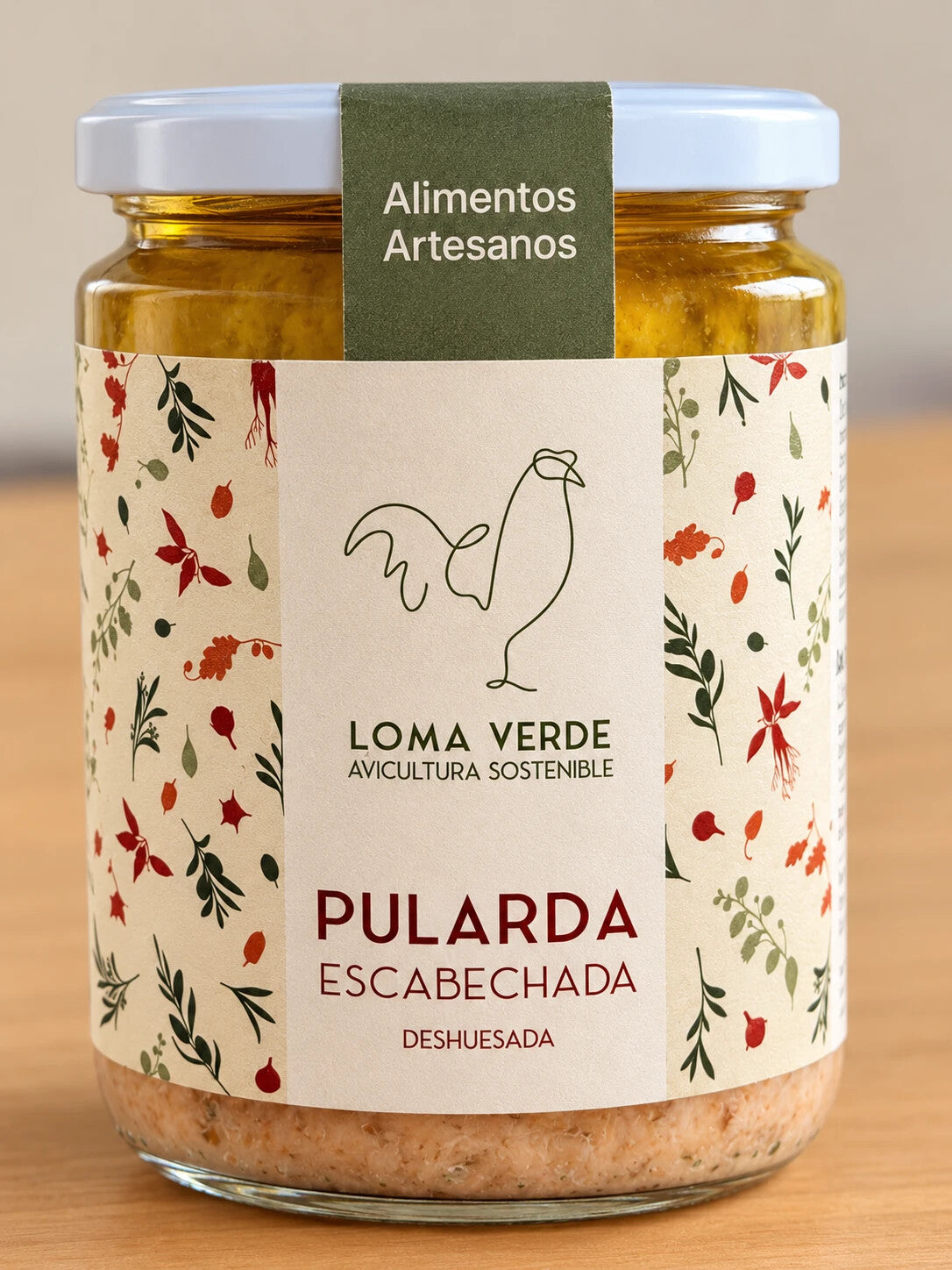 Tarro de pularda escabechada deshuesada de Loma Verde visto de frente